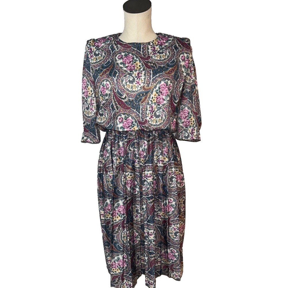 M.C.S. Women's Vintage 1980s Blouson Midi Dress size 6P Satin Paisley Old Money